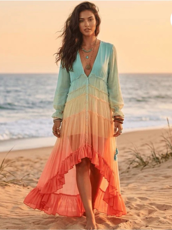 Vici Dresses & Skirts - Vici Rainbow Pastel Tiered Ruffle Maxi Dress Long Sleeve Chiffon Boho Festival